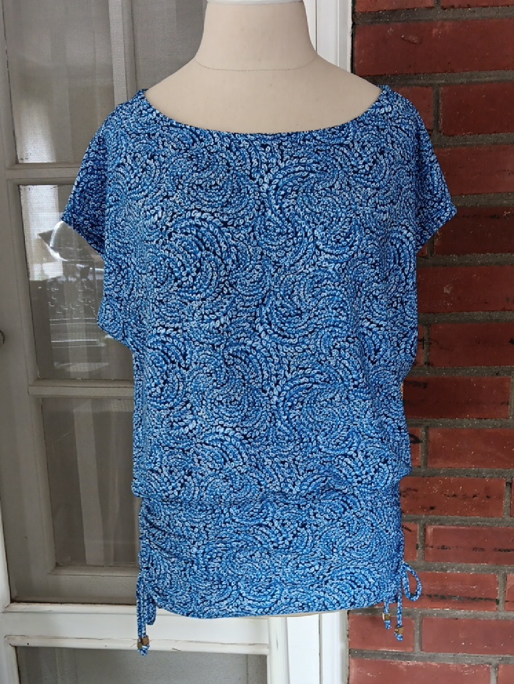 Michael Kors Blue Swirl Printed Dolman Sleeve Boat Neck Top Side Tie Size Small